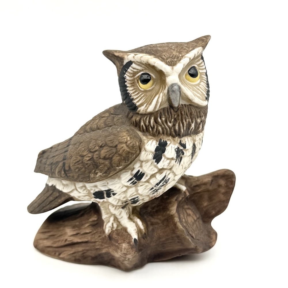 Vintage Ceramic Owl Figurine Hand Painted Bird on Log 1114 Brown White 5.25"